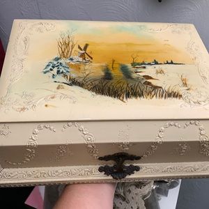 Antique Celluloid Traveling Dresser Box with Pastoral Windmill Scene